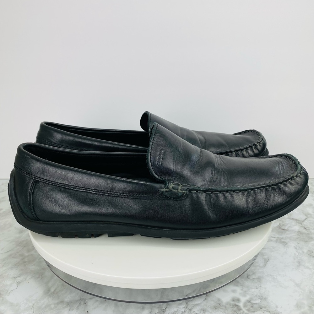 Ecco Black Leather Driving Loafer Mens 47 13 Moc Square Toe Slip On Arch Support